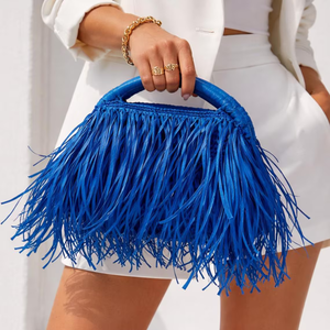 Grass <strong>Green</strong> Fringe Raffia Clutch Boho <strong>Purse</strong> Knitted Shaggy Crochet Large Capacity Waterproof Beach Party Gift for Women - Product Image 1