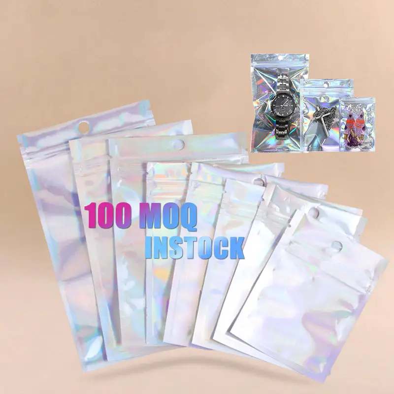 100Pcs Moq High Quality Mini Gift Baggies Holographic Foil Ziplock Candy Jewelry Zipper Bag With Front Clear Window