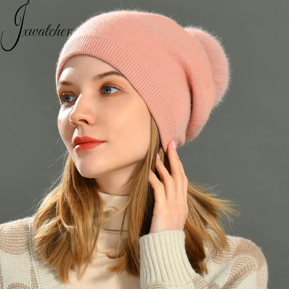 Wholesale Detachable Faux Fur Pom Pom Custom Cashmere Knit Beanie Thick Warm Winter Hats for Women
