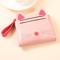 Dompet Pendek PU Motif Kucing Lucu, Banyak Slot Kartu, Kantong Uang Ber-resleting, Dompet Sederhana Modis