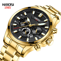 Jam Tangan Pria NIBOSI 2512 Fashion Gift Gold Mewah Multifungsi Tiga Dial Quartz