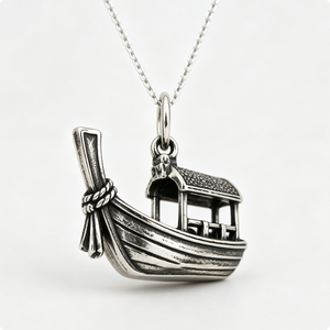 Pendentif bateau plaqué argent avec motif maison, forme irrégulière, figurine souvenir, artisanat en métal moulé - Product Image 3