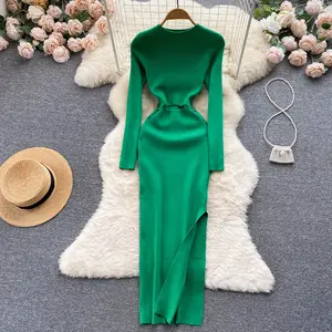 Kadınlar Chic zarif uzun kollu bölünmüş Bodycon Midi elbise seksi moda örgü Wrap yeşil Vestidos ince kalem kazak elbise