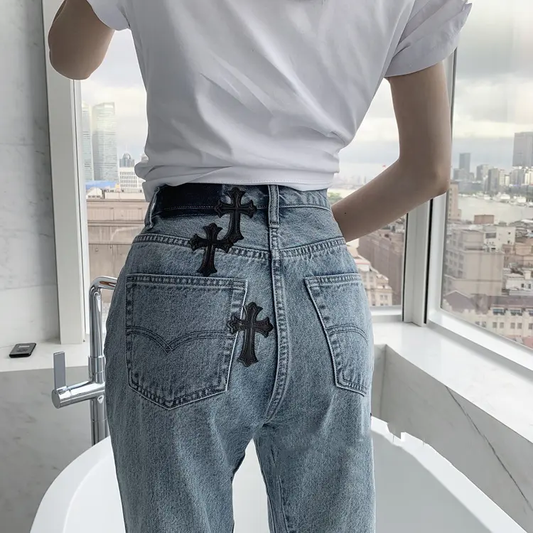 Cross PU Patch Stich Jeans Frauen Frühling/Sommer 2021 hohe Taille schlanke Micro Flared Jeans