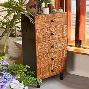 Vintage Five Drawer <b>Chest</b> Wooden <b>Storage</b> Cabinet With Carved Pattern Bedroom Dresser Living Room Side Cabinet Large Capacity - Product Image 1