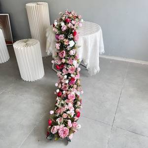 D-FR160 Camino de Mesa de Flores Rosadas para Boda al por Mayor, Camino de Mesa de Flores Verdes, Camino de Mesa de Rosas Artificiales de Seda para Decoración - Product Image 5
