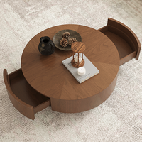 Table basse ronde en noyer de 35,43 pouces, moderne, à hauteur réglable, en forme de tambour, avec tiroir de rangement dissimulé et pieds sphériques