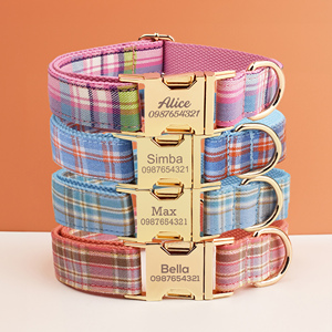 Recién llegado, suministros para mascotas, <span class=keywords><strong>Collar</strong></span> de perro con hebilla de Metal a cuadros, conjunto de collares y correa para perro personalizado grabado con lazo - Product Image 1