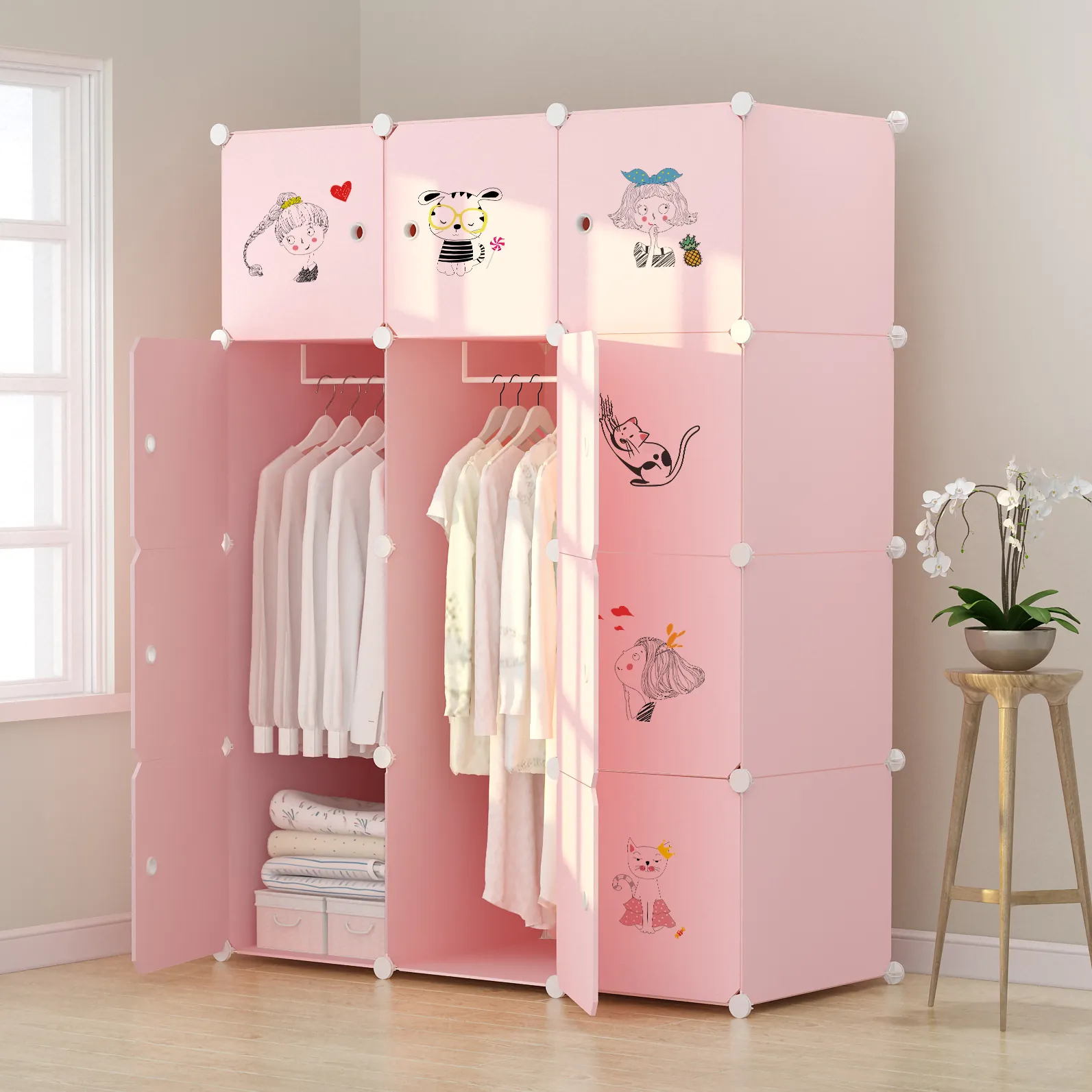 Armario de ropa de bebé de madera de dibujos animados de diseño simple, armario para niños, muebles para el hogar, armario de almacenamiento de plástico para dormitorio, Rosa moderno