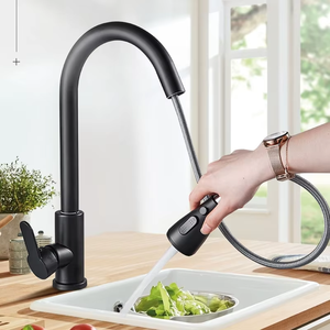 Robinet <span class=keywords><strong>de</strong></span> cuisine en acier inoxydable avec douchette extractible, mitigeur monocommande noir mat à arc haute, pivotant à 360° - Product Image 3