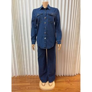 Completo Due Pezzi da Donna Sehe Fashion Nuovo con Cardigan Bavero e Tasche, Top a Maniche Lunghe e Pantaloni a Gamba Dritta in Denim - Product Image 5