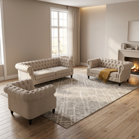 Ensemble de canapés Chesterfield contemporains de style américain pour salon, en tissu lin, comprenant un canapé capitonné, un causeuse et un fauteuil individuel, configuration 1+2+3