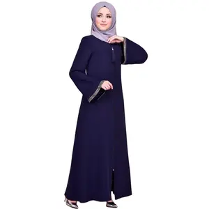 중동 두바이 터키 지퍼 카디건 가운 단색 접합 소매 O-넥 린넨 이슬람 여성의 원피스 jalabiya