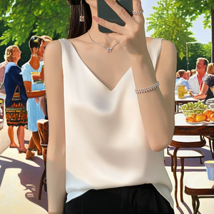 บูติก2025เสื้อกล้ามผ้าซาตินคอวีของผู้หญิงสำหรับฤดูร้อนเสื้อแฟชั่นใหม่พอดีตัวระบายอากาศผ้าใบสีทึบพิมพ์ลายปล่อยออกมาสบายๆ - Product Image 2