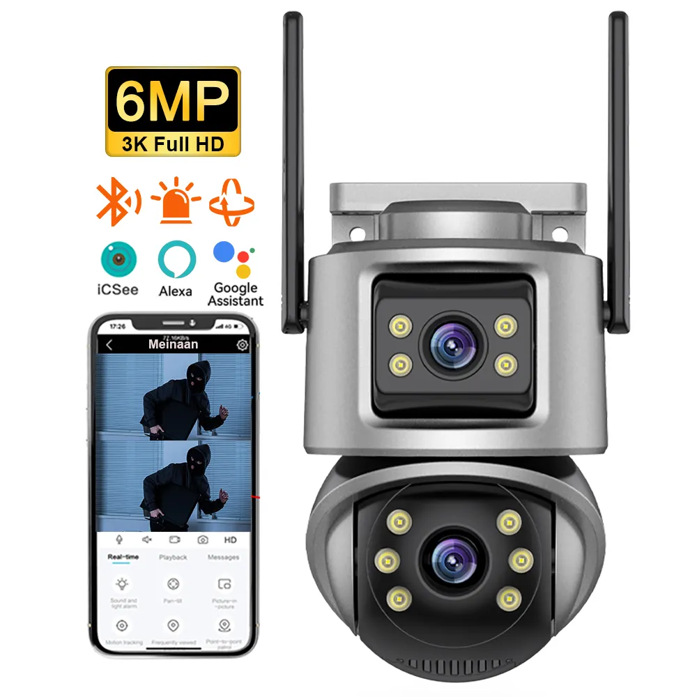 كاميرا مراقبة منزلية ذكية لاسلكية جديدة مزودة بخاصية رؤية ليلية من Alexa كاميرا مراقبة PTZ IP للأماكن الخارجية مزودة بكاميرا iCSee بدقة 6 ميجابكسل مزودة بخاصية WiFi وكاميرا مزدوجة العدسات