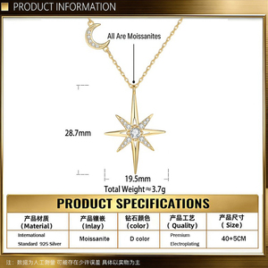 Collar <span class=keywords><strong>de</strong></span> Plata <span class=keywords><strong>de</strong></span> Ley 925 con Moissanita y <span class=keywords><strong>Estrella</strong></span> <span class=keywords><strong>de</strong></span> Ocho Puntas, Diseño Exclusivo <span class=keywords><strong>de</strong></span> <span class=keywords><strong>Estrella</strong></span> y Luna, Cadena Elegante y Versátil para Clavícula - Product Image 6