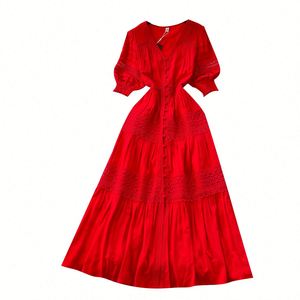 Vestido Midi Casual de Verano con Cuello en V para Mujer, Manga Corta, Estilo Túnica Vintage, con Retazos, Tejido Calado, Encaje, Corte en A, Ecológico y Lavable - Product Image 5