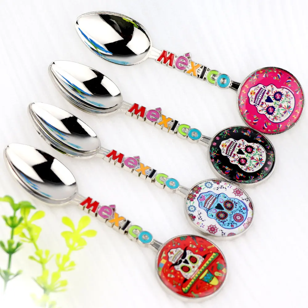 Hot Products Custom Design Metal Antique Silver Day of the Dead Mexico Skull Souvenir Spoon