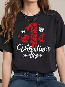 T-shirt da donna per il primo San Valentino, maniche corte, girocollo, stampa digitale, casual, primavera estate, in cotone jersey, vestibilità regolare - Product Image 3