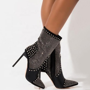 Crystal Rivets Ornament Side Zip Large Size 44 Party Women Ankle <b>Boots</b> Thin High Heel Pointed Toe Ladies Short Booties - Product Image 2