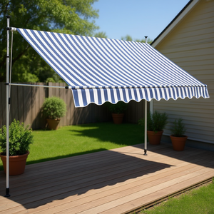 Toldo Retráctil Manual con Rayas Azules y Blancas de 118 Pulgadas, Marco de Aluminio para Patio, Cubierta de Tela de Poliéster - Product Image 2