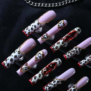 Faux ongles à presser faits main, longs, en acrylique de luxe, motif léopard, couvrance totale, avec strass, prix usine, vente en gros - Product Image 2