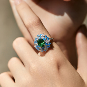 S925 <b>silver</b> <b>Emerald</b> Green Gemstone Flower <b>Ring</b> With Blue Topaz And Round Brilliant Cut Diamonds Prong Setting Women's Cocktail - Product Image 4