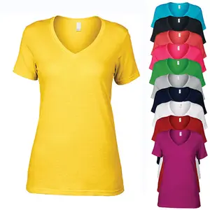 TS110 Groothandel Womens Diepe V-hals Plain Geen Merk T Shirts Dames Hoge Kwaliteit 100% Katoen T-shirts Voor Afdrukken