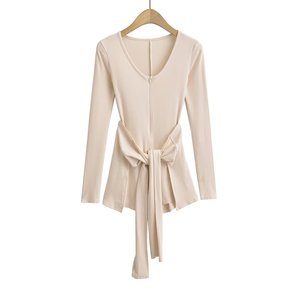 Women's Solid-Color Waist-<b>Tie</b> V-Neck Long-Sleeve Fitted Jumpsuit Fashion - Product Image 4