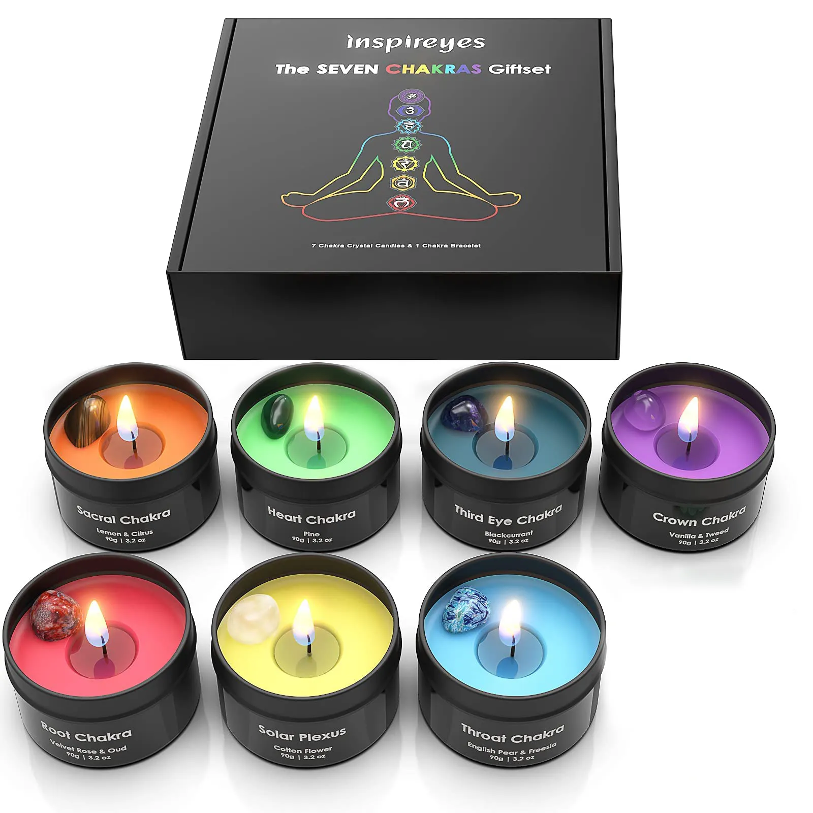 Juego de regalo personalizado de lujo, cera de soja a granel, 7 Chakras, velas perfumadas, cristales, vacaciones, meditación, Diwali, nueva condición, muestra disponible