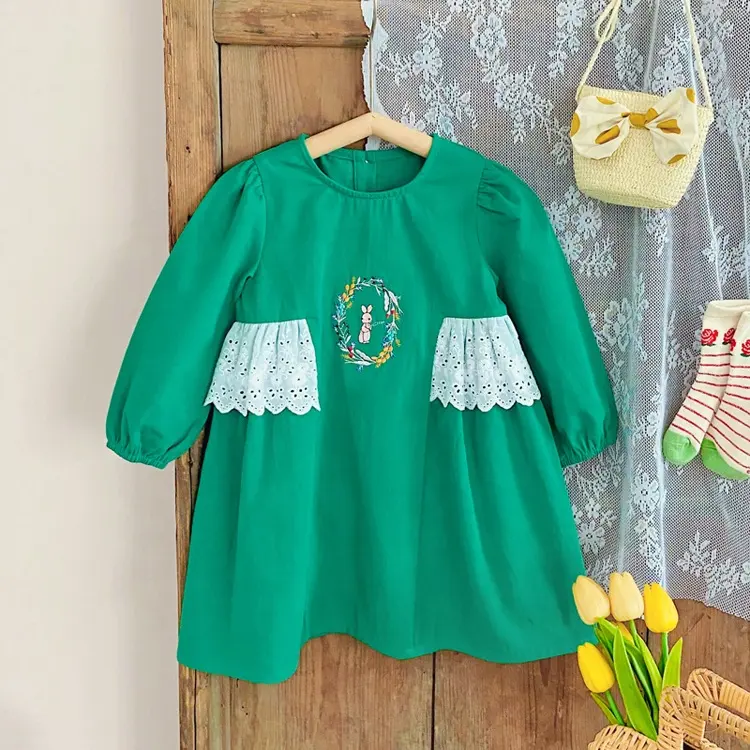 Vestido coreano de manga larga para niña de 2 años, ropa de encaje para niño, bordado Retro francés