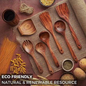 Cucharas y espátula de madera de teca, utensilios de cocina naturales antiadherentes, juego de utensilios de madera para cocinar con soporte - Product Image 5