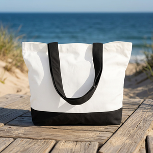Grand sac fourre-tout en toile blanche avec poignées et fond noirs, sac de plage et de shopping - Product Image 1