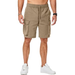 2025 pantalones cortos Cargo elásticos con cordón informal para hombre, multibolsillos, ajuste relajado clásico, logotipo cómodo, pantalones cortos de verano de 5 pulgadas - Product Image 1