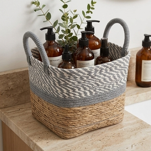 Natural Water Hyacinth Storage Basket Handcrafted Woven Towel Holder Bathroom Organizer <b>Bin</b> With Contrast Gray Handles - Product Image 5