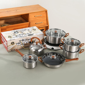 Directo de fábrica, juego de utensilios de cocina de 12 piezas, acero inoxidable con mango de grano de madera, diseño clásico, olla para sopa, olla para leche, tetera, sartén - Product Image 4