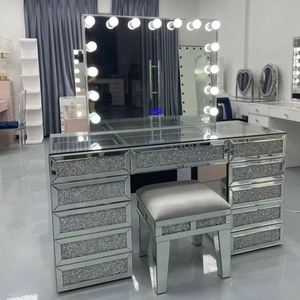 ชุดห้องนอนหรูหราขนาดเต็มรูปแบบที่ทันสมัยทำจากกระจกเพชร + กรอบ MDF ลิ้นชักปรับความสูงได้4ระดับสำหรับบ้านโรงแรมวิลล่าห้องนั่งเล่น - Product Image 3