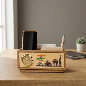 Ensemble d'organisateurs de bureau en bois avec horloge, support pour téléphone portable, porte-stylos, lampe LED, taille standard, logo personnalisé, décoration de bureau - Product Image 1
