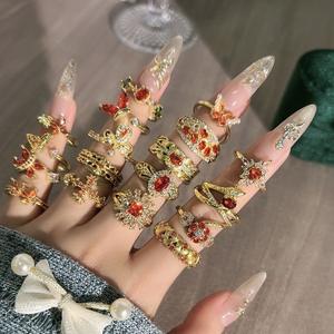 Ensemble de bagues ajustables R109 en laiton plaqué or 18 carats avec zircone cubique <span class=keywords><strong>orange</strong></span>, motifs papillon et fleur, pour femme, bijoux tendance - Product Image 3