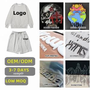 TKAN288 OEM estampado personalizado con bordado 2 piezas hombres cuello alto algodón Streetwear de gran tamaño Sudadera con capucha pantalones cortos conjunto chándal - Product Image 5