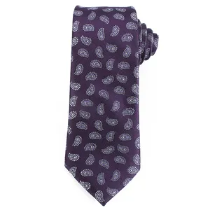 大成批发紫色 Cravatta 100% 真丝领带男士佩斯利提花领带