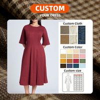 Robe bordeaux grande taille pour femmes, coupe trapèze, manches mi-longues, élégante, rouge vin, tenue de bureau, OEM ODM, fabrication directe en usine, robes midi