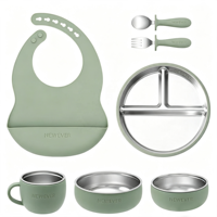 Ensemble de 7 pièces en acier inoxydable 304 pour l'alimentation des bébés et des tout-petits : assiettes et bol à ventouse avec compartiments, cuillère, fourchette et kit de sevrage en silicone