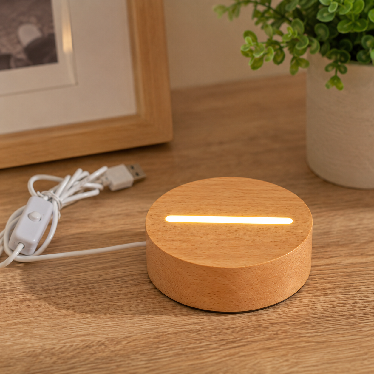 Solid Wood LED Luminous Base & Acrylic Board Night Light DIY Round Display Holiday Gift Decoration 3D Illusion Night Light