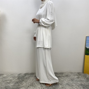 2335+9003# Premium <b>White</b> Nida With Lining <b>2</b> <b>Piece</b> <b>Set</b> Turkish Suits Abaya Dress Muslim Women Blouse Top Loose Pant With Pockets - Product Image 3