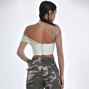 <b>Women's</b> Asymmetric <b>Mesh</b> Strapless <b>Top</b> Green And Red Color Blocking Breathable Polyester Summer Leisure <b>Tops</b> - Product Image 2