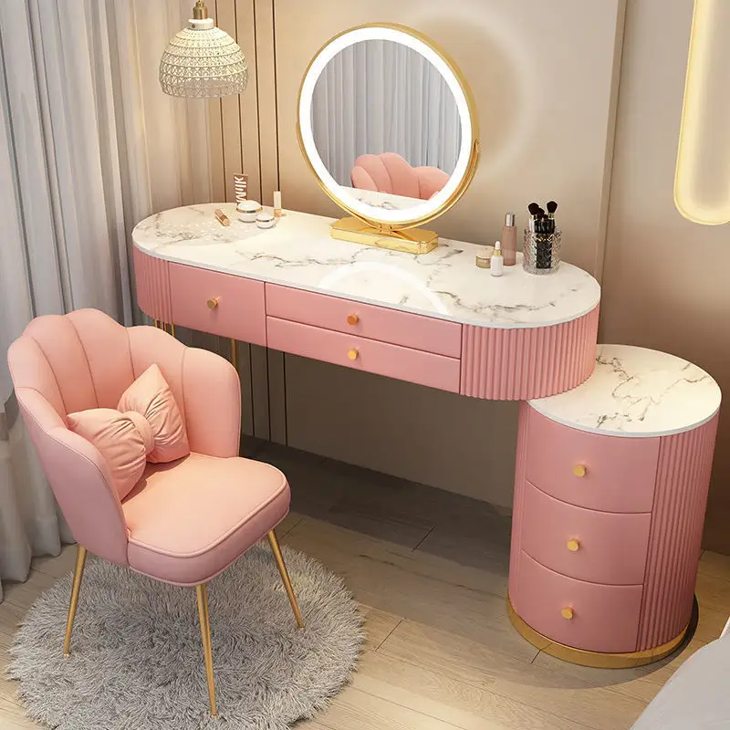 Tocador con patas doradas moderno, mesa ligera de maquillaje de lujo, tocador de mármol con espejo y cajones, muebles de dormitorio
