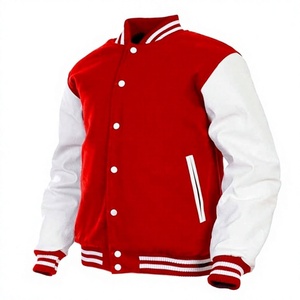 Men's Red And <b>White</b> Varsity <b>Jacket</b> With Button Closure Regular Fit Turn-down Collar Polyester Cotton Material Autumn Wear - Product Image 1