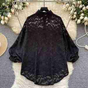 Blusas de malla casuales de manga larga con cuello para mujer, camisas elegantes bordadas con mangas abullonadas para mujer, ropa de primavera - Product Image 3