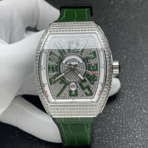 Montre mécanique automatique unisexe de luxe sertie de moissanite, forme tonneau, verre saphir, bracelet en cuir vert V45, haute qualité - Product Image 1